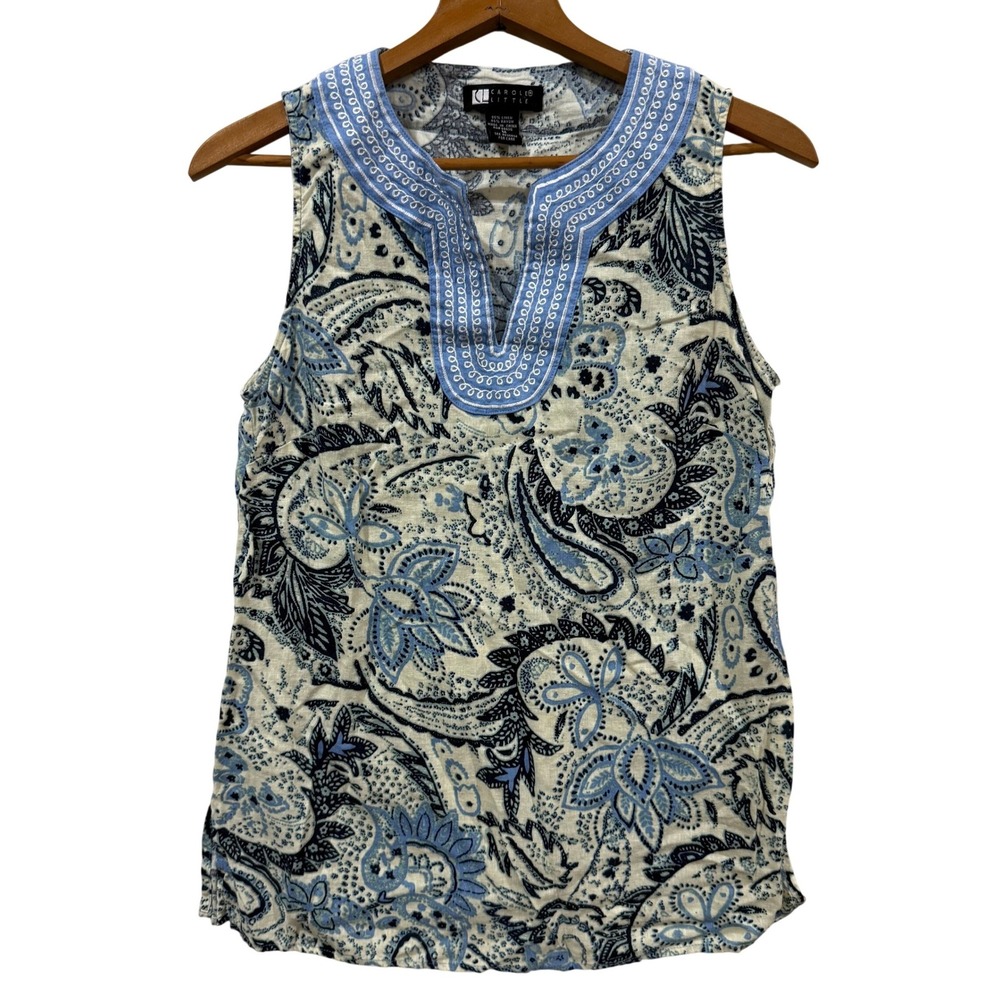 Carole Little Womens Blue Paisley Linen Blend Embroidered Sleeveless Top Size M